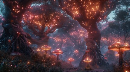 A magical forest scene where trees are lit by glowing mushrooms at their bases, incorporating glowing textures for a mystical effect.