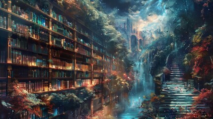 A magical library with books that whisk the reader away to the worlds within their pages, depicted with rich textures and a mystical color palette.