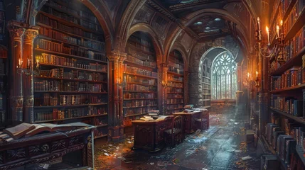 Fotobehang A magical library with books that whisk the reader away to the worlds within their pages, depicted with rich textures and a mystical color palette. © Exnoi