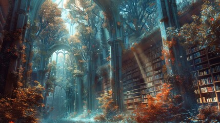 A magical library with books that whisk the reader away to the worlds within their pages, depicted with rich textures and a mystical color palette. - obrazy, fototapety, plakaty
