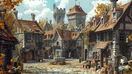 A medieval village where the inhabitants are animals dressed in period attire, going about their daily lives, illustrated with rich, earthy tones and textures. - obrazy, fototapety, plakaty
