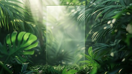 A minimalist poster design featuring a large, blurred glass rectangle with a vibrant, tropical leaf pattern in the background.