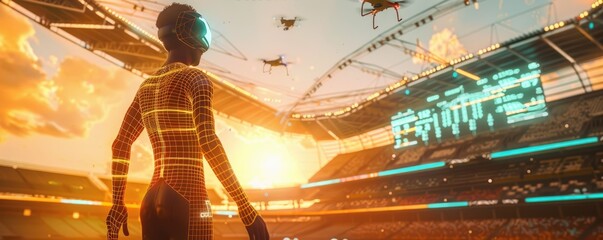 Athlete trains with holographic guides and smart gear at sunset, drones hover, with a sustainable, fan-filled smart stadium backdrop. 