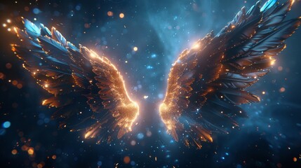 A pair of glowing angel wings on a backdrop of night, employing multiple layers and blending modes for a celestial effect. - obrazy, fototapety, plakaty