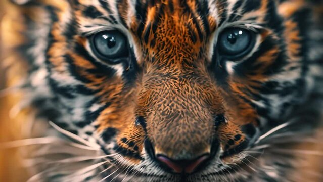 Close up of cute little blue eyes tiger cub. 4k video animation