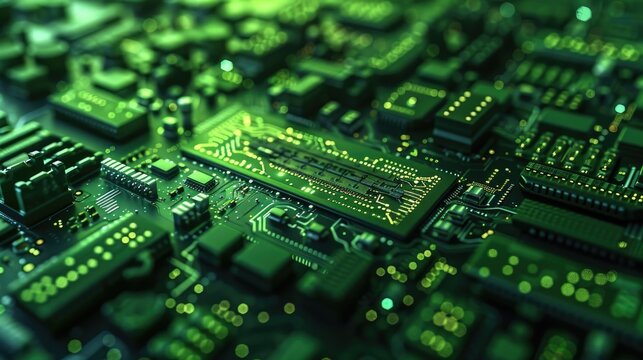 Close-up of a green circuit board with electronic components for technology and computing concepts.