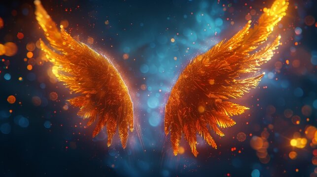 A pair of glowing angel wings on a backdrop of night, employing multiple layers and blending modes for a celestial effect.