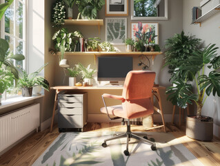 Cozy home office filled with plants, natural light on a sleek modern setup, the epitome of remote work comfort. 