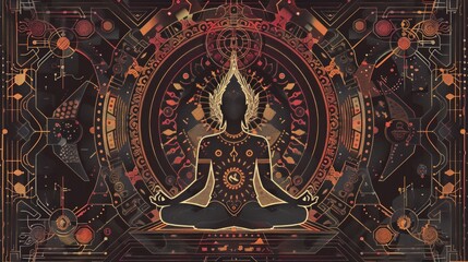 Meditative Figure Amidst Hindu Philosophy Symbols