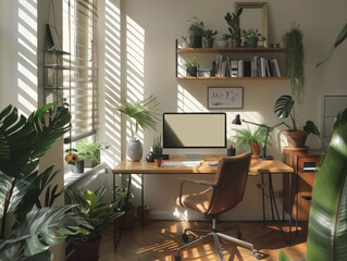 Cozy home office filled with plants, natural light on a sleek modern setup, the epitome of remote work comfort. 