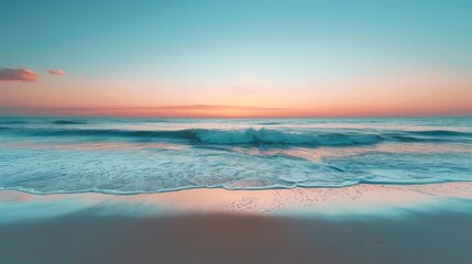 A serene beach scene at sunset, with a glass blur effect overlay on the horizon line to simulate a gentle, dreamy transition between sky and sea.