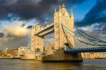 Tower Bridge in London, the UK at sunset. River Thames