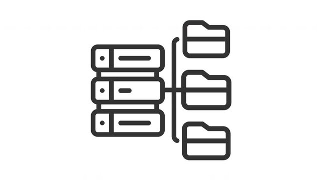 Animated database with folder of multiple servers, networking, data center concept. Suitable for technology websites, IT blogs, and server management articles
