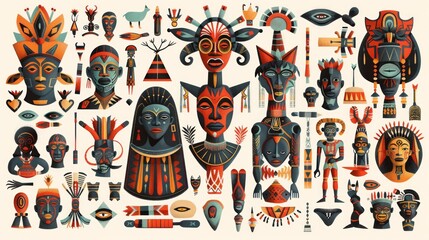 Collection of African Masks and Ritual Artifacts Pattern - obrazy, fototapety, plakaty