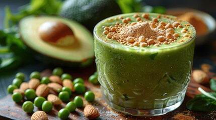 Food and drink, healthy dieting and nutrition, lifestyle, vegan, alkaline, vegetarian concept. Green smoothie with organic ingredients. Generative Ai. 