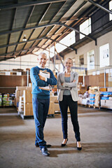Obraz premium Boxes, confidence and portrait of business people in factory with package, logistics and distribution. Export, commerce and service team at cargo storage warehouse with clipboard, pride and smile
