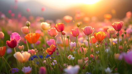 Fototapeta premium Morning Tulips in a Colorful Field of Flowers