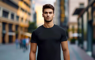 Casual Shirt Mockup: Stylish Young Model Wearing Black T-shirt on Urban Street - 768553791