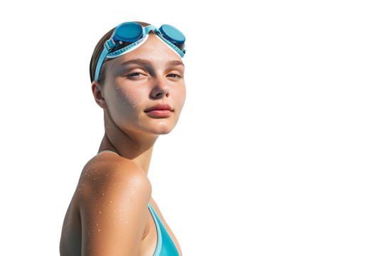 American athletic swimmer with swimming costume and blue goggles. Olympic Games.