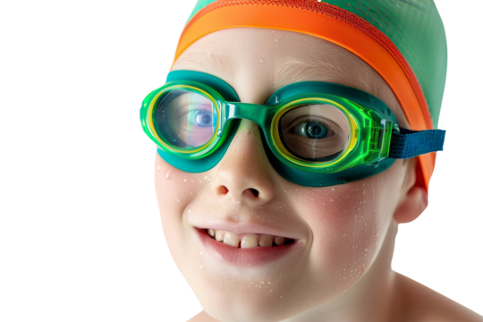 Smiling kid with green and orange swimming pool cap and goggles. Summer concept. - Powered by Adobe