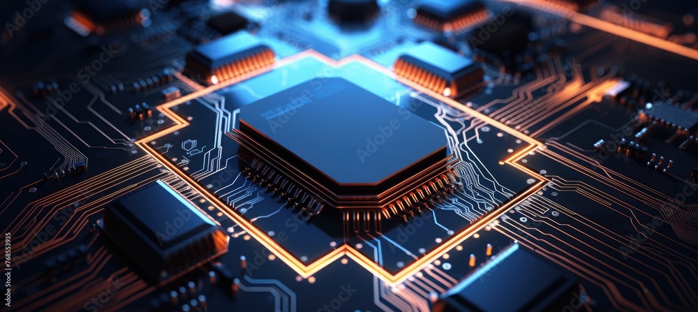 Poster circuit board with glowing blue processor