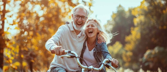 The happy couple is riding a bike together and laughing a lot. They are a mature man and woman in a youthful way of life. Concept of joy and excitement.