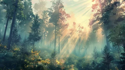 Papier Peint photo Matin avec brouillard sunrise in the forest
