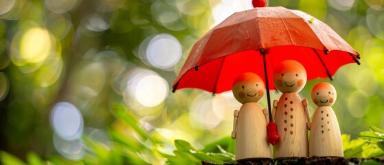 Under a red umbrella, a family of wooden dolls protects wooden peg dolls, plans, saves families, prevents risks and crises, and explains insurance and health care. - obrazy, fototapety, plakaty