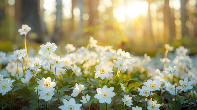 White primroses in spring in the forest close-up in sunlight in nature. Spring forest with blooming white anemones