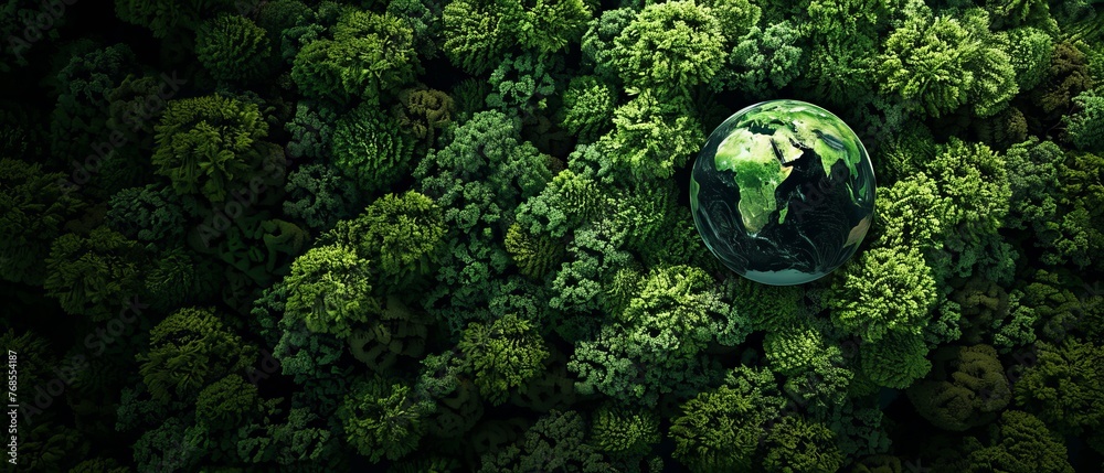 Poster Aerial view of a green forest with a globe earth, Aerial view of a forest with a globe globe, Save the planet, Ecosystem and healthy environment, Globe and Forest.