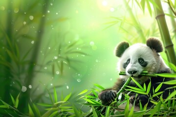 Panda chewing bamboo in bamboo forest on blurred background
