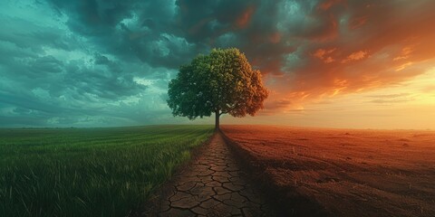 Solitary tree on a path with vibrant sunset sky and green field, depicting tranquility and nature's beauty. - obrazy, fototapety, plakaty