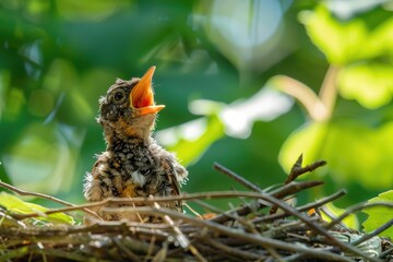 Obraz premium Young bird in nest with open mouth waiting to be fed.