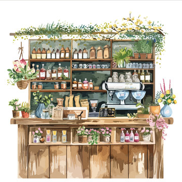 Spring Coffee Shop Caf Watercolor Clipart clipart isolated