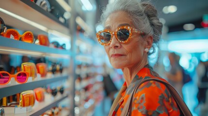Elegant mature woman shopping for stylish sunglasses indoors - obrazy, fototapety, plakaty