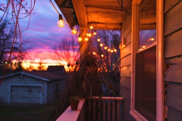 veranda with string lights, twilight, thick brush - obrazy, fototapety, plakaty