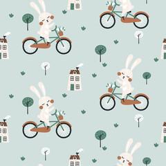 Seamless pattern with cute rabbit on bicycle. Vector
