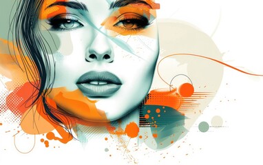 Abstract portrait of a woman with colorful splashes and lines, modern art style.