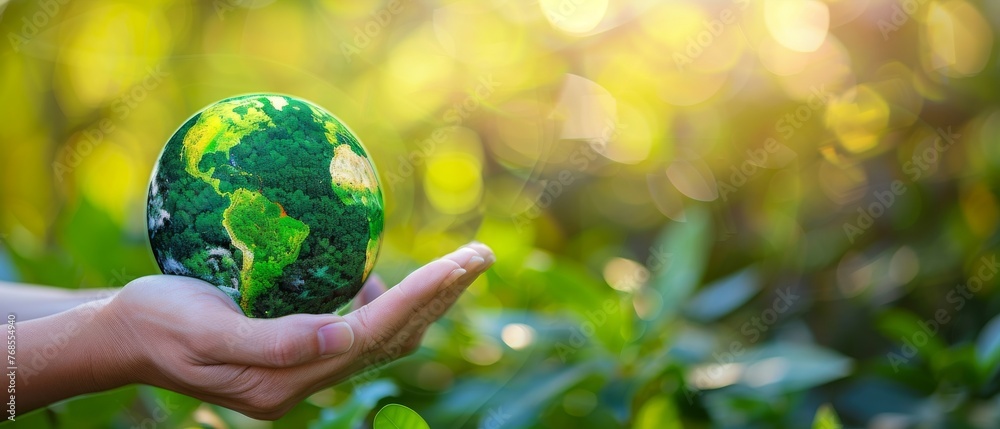 Poster concept of ecology and environment, hands protecting globe of green tree on tropical nature summer b