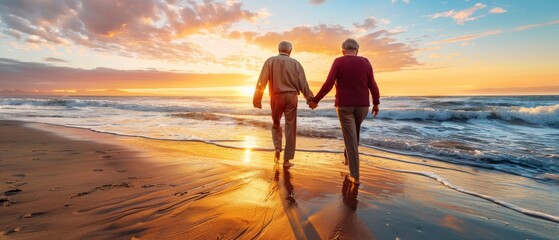 A couple walking on the beach holding hands at sunrise, discussing life insurance when they retire.