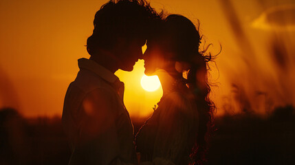 Couple touching foreheads and noses against sunset, expressing love and intimacy.