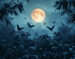 An enchanting night sky with origami bats flitting about, under the glow of a luminous full moon