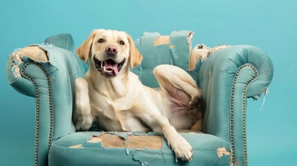 A joyful dog with a blurred face lies on a tan couch it has torn apart, stuffing scattered...