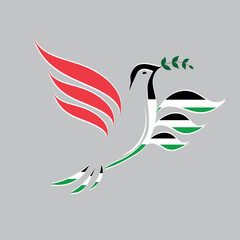 linear silhouette dove with a olive branch in the colors of the Palestine flag. Pigeon Dove Bird in shape of Palestine flag in the struggle for peace. free palestine