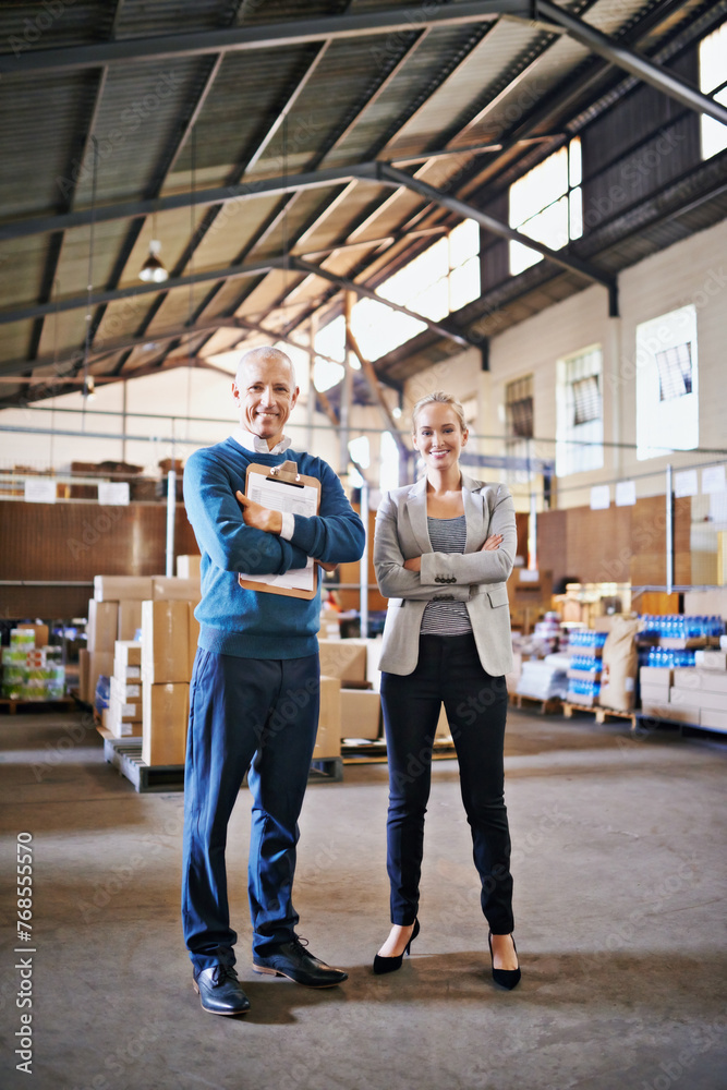 Canvas Prints Confidence, portrait and business people in warehouse together with package, logistics and distribution. Export, commerce and service team at cargo storage factory with clipboard, pride and smile