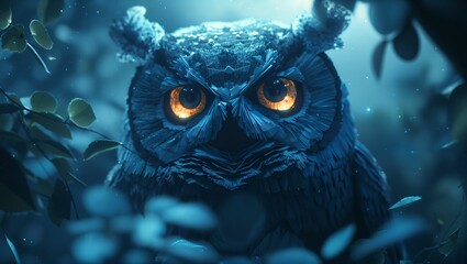 A moonlit night with origami owls perched in a silhouetted forest, their eyes glowing mysteriously - obrazy, fototapety, plakaty