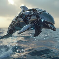 An actionpacked illustration showcasing a robot dolphin equipped with advanced sonar and surveillance technology, leaping over a hightech submarine to protect oceanic research stations from pirate dro - obrazy, fototapety, plakaty