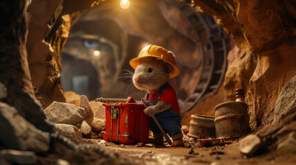 An imaginative scene of an animated mouse wearing a hard hat, working with tools inside a tunnel