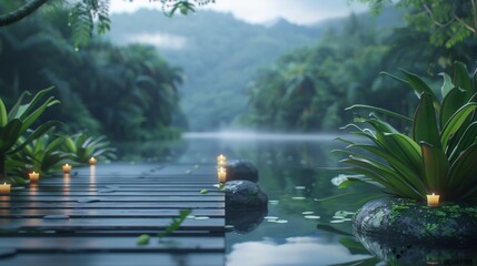 A social media graphic promoting a yoga retreat, with peaceful nature images seen through a glass blur effect, creating a serene and inviting feel.