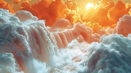 Dreamy Skyfall in Mountains: Organic Shapes, Cyan-Orange Palette, Ethereal Landscape - obrazy, fototapety, plakaty